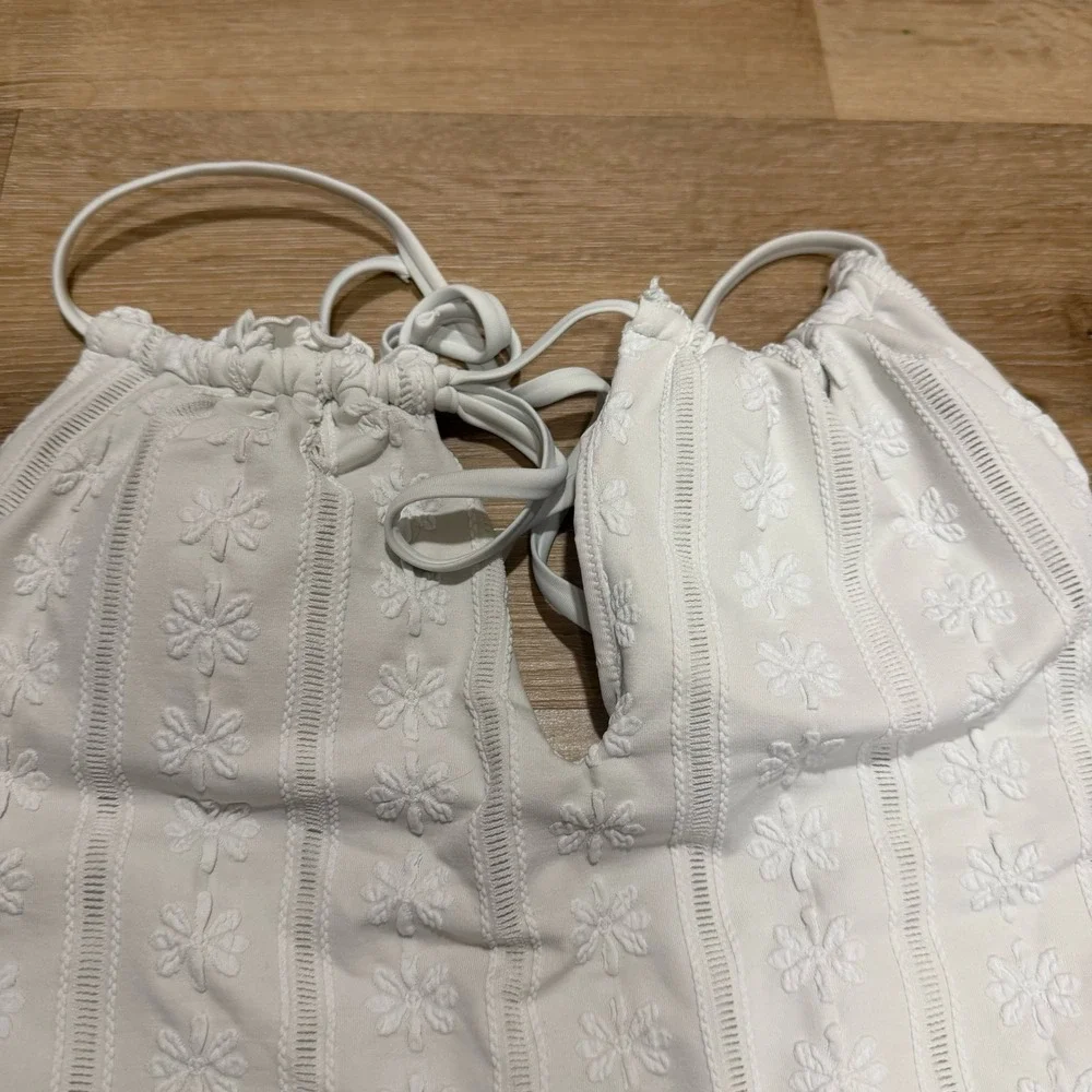 aerie White One-Piece Swimsuit with Embroidered Floral Detail medium long